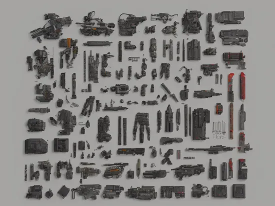 knolling, Things and Objects, Terminator collect Figure , lots of details and additions, assembled character in the center of the image