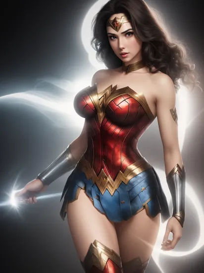 1woman,
wonder woman,
sexy mood,
looking at viewer,
white aura light,
black background,