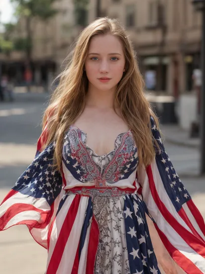 portrait photo of hannahhays, (flag:1.3), long dress, (realistic:1.3), (full body shot:1.2), finely detailed, quality, street photography lighting, (masterpiece:1.2), (photorealistic:1.2), (best quality), (detailed face:1.2), (detailed skin:1.2), (intricate details), (detailed eyes:1.2), dramatic, ray tracing,  , 
