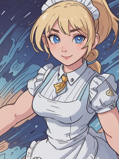 1girl, solo, samus aran, (highly detailed eyes), detailed face, ((round pupils)), intricate details, (blue eyes), (blonde hair), ponytail, (((realistic))), looking at viewer, smile, happy, ((portrait)), small breasts, (((upper body))), (((maid))), ((cartoon)), soft lighting, cityscape, night, ((muscular female)), ((thick arms)), arms behind back, wassnonam-12800