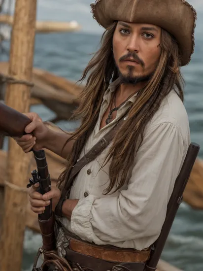 masterpiece, (photorealistic:1.5), best quality, beautiful lighting, real life,
jack sparrow, solo, long hair, brown hair, long sleeves, 1boy, hat, weapon, male focus, outdoors, gun, facial hair, ocean, rope, rifle, beard, watercraft, upper body
, intricate, high detail, sharp focus, dramatic, beautiful girl , (RAW photo, 8k uhd, film grain), caustics, subsurface scattering, reflections
