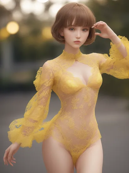 (dynamic pose:1.2),(dynamic camera),photo RAW,(gel40bo,a girl ,vogue, prada, versace, glamourous, fashion world, fashion, magazine shoot, dreamy glow, extraterrestrial, (yellow lace kitsch outfit), sunlight, pastel,cotton dof),Short layered mocha brown bob hairstyle,Hands in front, clasping each other pose,(bokeh:1.35), dof, ,Realistic, realism, hd, 35mm photograph, 8k), masterpiece, award winning photography, natural light, perfect composition, high detail, hyper realistic, (composition centering, conceptual photography)