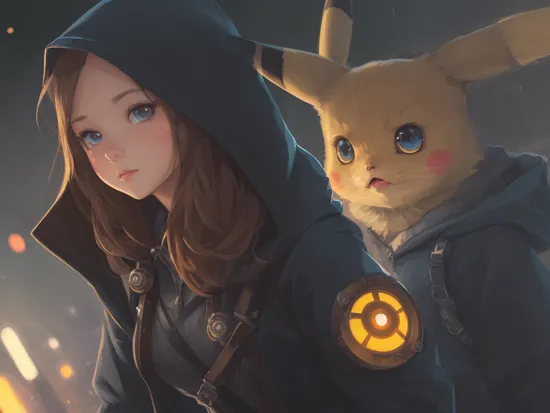 pikachu-girl with big and cute eyes, blue eyes, hood, steampunk city, fine - face, realistic shaded perfect face, fine details, saturated colors, night setting.realistic shaded lighting poster by ilya kuvshinov katsuhiro, magali villeneuve, artgerm, jeremy lipkin and michael garmash, rob rey and kentaro miura style, trending on art station