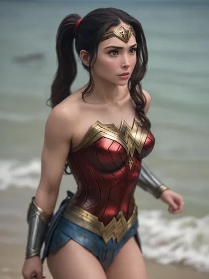 cinematic film still wonder woman double pigtails at land of water, medium shot  . shallow depth of field, vignette, highly detailed, high budget Hollywood movie by ridley scott, bokeh, cinemascope, moody, epic, gorgeous, film grain, grainy