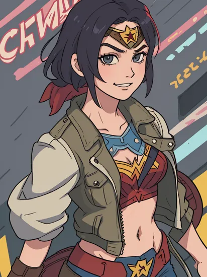  wonder woman, dressed as a punk, shaved side head hairstyle, detailed long hair, wearing short unzipped crop army jacket, crop top, cleavage, smirking, cyberpunk style, professional comic book style, daytime skies