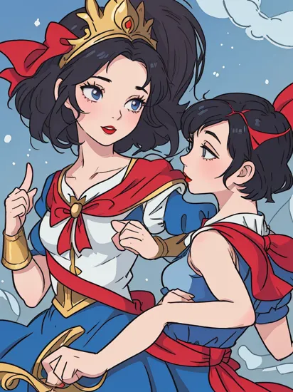 Snow White, the protagonist of the classic fairy tale. Snow White is often depicted as a young woman with fair skin, black hair, and bright red lips. She is typically shown wearing a blue and gold dress with a red bow in her hair.
 