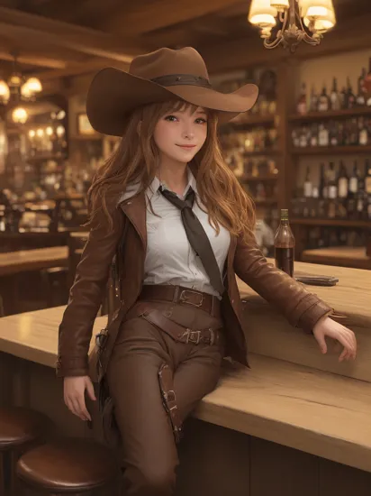 (masterpiece, best quality, detailed), 1girl, solo, looking at viewer, raphtalia, raccoon tail,
fedora, brown headwear, brown pants, black belt, cowboy hat, brown jacket, leather jacket, indiana jones, white shirt, satchel, indoors, alcohol, bar \(place\), counter, table, stool, chandelier, sitting, crossed legs, smile, closed mouth