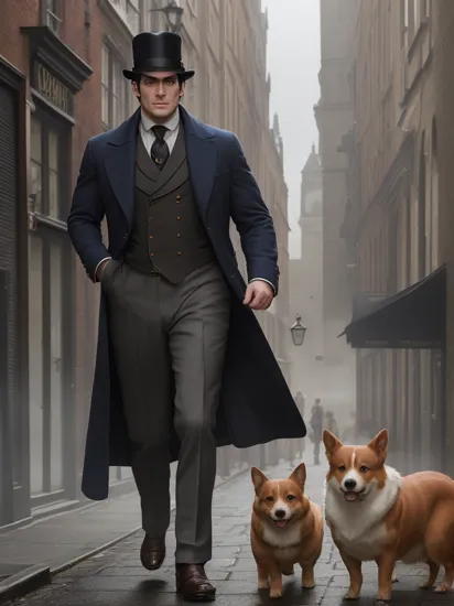 (Henry Cavill:1.1) as Sherlock Holmes style detective outfit, Inverness coat, deerstalker hat, a Pembroke Welsh Corgi face detective man is standing on the street in a 19th century London down town, Tobacco pipe, long nose, (steam fog:1.23),