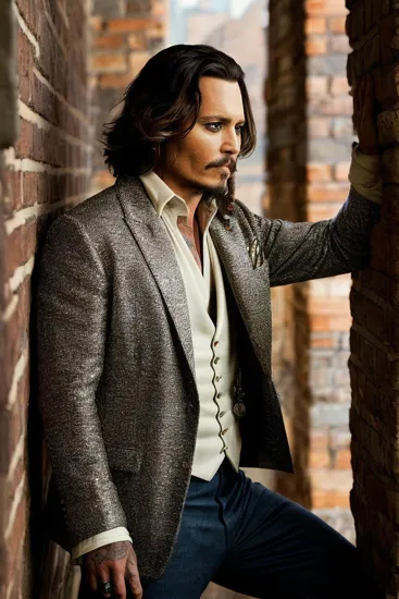 Johnny Depp, Reflective man @JohnnyDepp, disheveled hair, subtle gaze, turtleneck and blazer, poised on a ledge, architectural setting with brick and stone textures, ambient indoor light creates soft shadows, a sophisticated urban scene with rich, earthy tones, shot from a low angle to enhance his thoughtful demeanor.