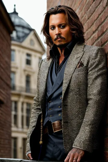 Johnny Depp, Reflective man @JohnnyDepp, disheveled hair, subtle gaze, turtleneck and blazer, poised on a ledge, architectural setting with brick and stone textures, ambient indoor light creates soft shadows, a sophisticated urban scene with rich, earthy tones, shot from a low angle to enhance his thoughtful demeanor.