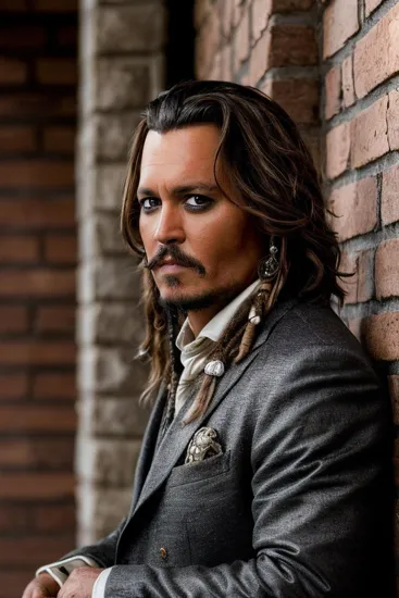 Johnny Depp, Reflective man @JohnnyDepp, disheveled hair, subtle gaze, turtleneck and blazer, poised on a ledge, architectural setting with brick and stone textures, ambient indoor light creates soft shadows, a sophisticated urban scene with rich, earthy tones, shot from a low angle to enhance his thoughtful demeanor.