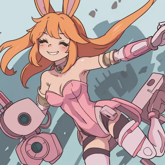 1girl, solo, long hair, breasts, looking at viewer, smile, blonde hair, gloves, animal ears, bare shoulders, closed mouth, green eyes, standing, tail, full body, alternate costume, white gloves, hand up, orange hair, rabbit ears, grin, arm up, leotard, hand on hip, strapless, makeup, alternate hairstyle, playboy bunny, half-closed eyes, clenched hand, furry, eyeshadow, strapless leotard, outline, rabbit girl, furry female, joints, white outline, body fur, animal nose, robot joints, pink leotard, Bunnie Rabbot, mechanical arm, cyborg, prosthesis, robot joints, prosthetic arm, mechanical legs, sonic the hedgehog (series), Bunnie rabbot, uploaded on e621, (((by marthedog, by naoto oshima, by omegasunburst))), (((only one mechanical arm)))
 