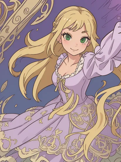 rapunzel, 1girl, long hair, breasts, looking at viewer, smile, blonde hair, long sleeves, dress, cleavage, medium breasts, closed mouth, green eyes, collarbone, puffy sleeves, juliet sleeves, purple dress, selfie, frog(masterpiece:1.2), (best quality), (ultra detailed), (8k, 4k, intricate),(full-body-shot:1), (highly detailed:1.2),(detailed face:1.2),(detailed background),detailed landscape, (dynamic angle:1.2), (dynamic pose:1.2),
