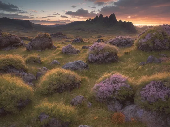 colour photo of a wild and abandoned landscape with nodule granite boulders at sunset, lichen, enigmatic, inspiring, heavenly, dreamy, intricate textures, windswept, heather, grasses, fluffy billowing clouded sky,  sunbeams, wilderness backdrop, exceptionally detailed, ultra quality, photorealistic, 8k, award winning, 20mm, landscape photography, high contrast, Adobe RGB, vibrant, HDR, all in focus
