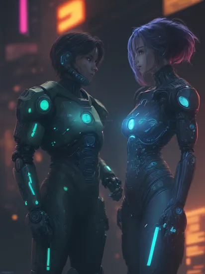 Two people, (glowing tattoos hologram Cortana) and (cybernetically enhanced Master Chief) reimagined in a cyberpunk universe, cyberpunk, cyberpunk art style, cyberpunk surroundings, glowing multicolored neon lights, raining, lightning, cinematic scene, detailed background, masterpiece, best quality, high quality, highres, absurdres, 16k resolution   