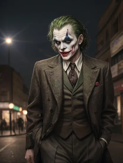 hyperrealistic art 1950s The Joker in the night autumn windy street, J Scott Campbell style, extremely high-resolution details, photographic, realism pushed to extreme, fine texture, incredibly lifelike
 