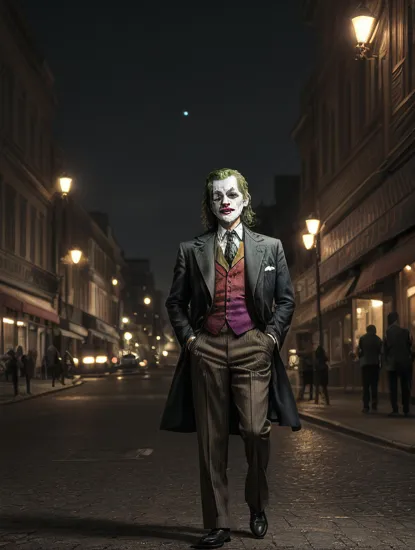 hyperrealistic art 1950s The Joker in the night autumn windy street, J Scott Campbell style, extremely high-resolution details, photographic, realism pushed to extreme, fine texture, incredibly lifelike
 