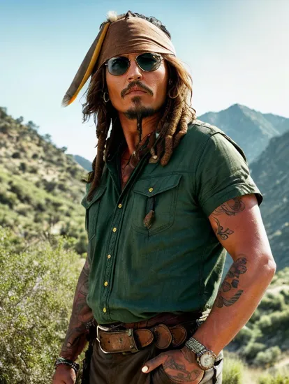 Johnny Depp, Adventurous man @JohnnyDepp, rugged in a safari-style shirt with rolled-up sleeves, outdoor setting with rustic green backdrop, casual pose with sunglasses hooked in the shirt, sun-kissed lighting casts a warm glow, invoking a sense of exploration and laid-back confidence.