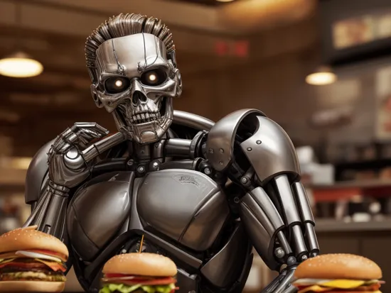 masterpiece, a terminator(endoskeleton), sitting alone in the burger shop, portrait
holding a hamburger in one hand, mouth open