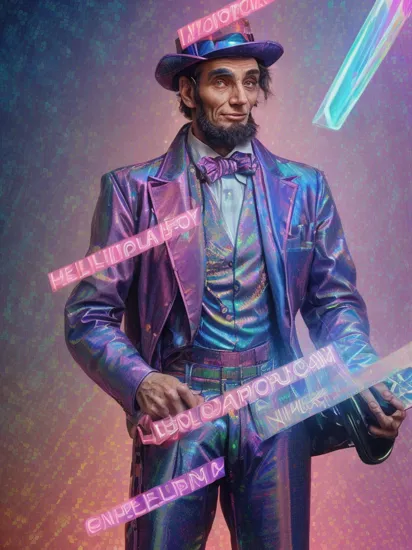 cyberpunk mechanical Abraham Lincoln (holding a holographic scroll:1.4), cyberpunk press conference, pink, cyan, (holographic scroll with the word independence:1.1), top hat, cityscape background, pink and cyan American flag, glowing billboards