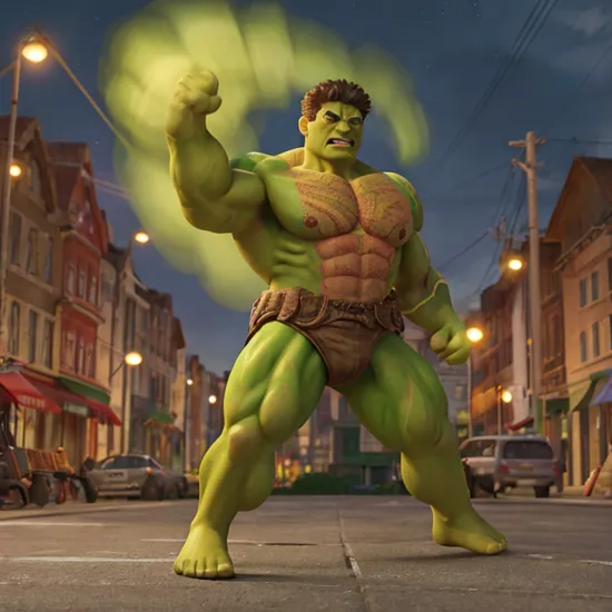 hulk, facing his nemesis, intense glare, muscles flexed, full body, streets, night, lightning crackling, intricate details, masterpiece, absurdres, best quality 