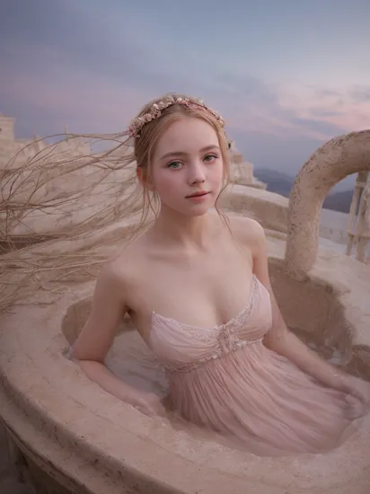 portrait photography,closeup,a young girl bathes in the hot springs of a palace in the sky,wearing a light gauze dress,outside is a pale pink sky,full of dreams,pale clouds floated around,incredible,(the palace was lavish and beautiful:1.2),extremely detailed realistic fantasy,cowboy shot,narrow waist,twigs,
,