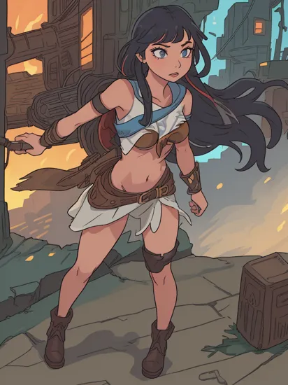 Disney's (Pocahontas:1.2) as a cyberpunk character,, long flowy straight hair, american-indian outfit, leather dress, tribal, (cybernetic body part:1.1), full body visible, looking at viewer, medium view, standing , cyberpunka, dystopian city background, detailed, sharp, HD, HDR, masterpiece, best quality, best resolution, splashscreen, cinematic lighting, depth of field, epic, dramatic  nsfw, crop top, underboob, navel, midriff   holding bow 