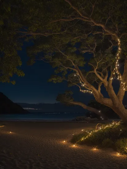 Pikachu, Pohutakawa Tree, Christmas lights, but at the beaches of new zealand, midsummer, rembrandt lighting, masterpiece, extreme light and shadow,  Earth-QualityPos