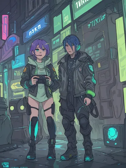 Two people, hologram Cortana and active camouflaged Master Chief, reimainged in a cyberpunk universe, cyberpunk, cyberpunk style, cyberpunk style art, cyberpunk surroundings, glowing multicolored neon lights, glowing tattoos, rain, raining, lightning, cinematic scene, detailed background, masterpiece, best quality, high quality, highres, absurdres, 16k resolution   