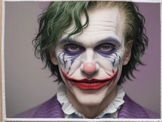 w00len, a hyper realistic picture of a the joker made out of yarn, with a full white clown face and clown makeup facing the camera, wearing a purple woolen knitted suit, space backdrop