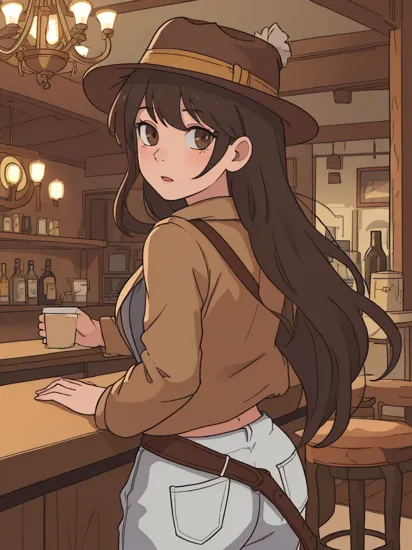 (masterpiece, best quality, detailed), 1girl, solo, looking at viewer, dohna dohna, , rio tsukatsuki, halo, very long hair, hair ornament, fedora, brown headwear, brown pants, black belt, cowboy hat, brown jacket, leather jacket, indiana jones, white shirt, satchel, indoors, alcohol, bar \(place\), counter, table, stool, chandelier, leaning forward, looking back, from behind, ass