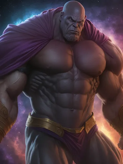 giant muscular man, male focus, stunning angry Thanos, bald, purple cape, nebula space background, volumetric light, upper body, muscle, muscular, fantasy, dynamic angle, dynamic pose