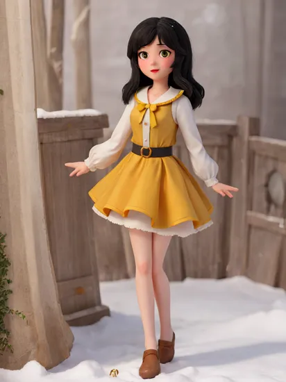 (masterpiece, best quality), 1girl, black hair, snow white, cute, blushing, yellow skirt, looking at viewer  [snow covered forest|hail]