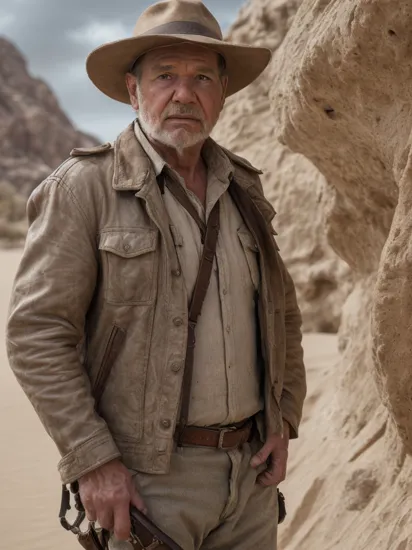 ((masterpiece, best quality, high quality, highres, ultra-detailed)), jmil, (looking at viewer:1.3), (solo:1.2), 1man, oldman, (indiana jones:1.2), epic pose,
(brown lather jacket:1.2), lather jacket, white shirt, (strap:1.1), (felt hat:1.2), (white pants:0.9), (shoulder bag:1.1), whip, gun belt
(desert:1.2), sand, outdoors, 


, (cinematic look:1.4), soothing tones, insane details, intricate details, hyperdetailed, low contrast, soft cinematic light, dim colors, exposure blend, hdr, faded, slate gray atmosphere
