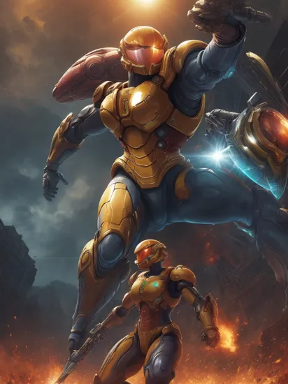 Cinematic scene, hero view, Samus Aran, action pose, detailed background, masterpiece, best quality, high quality, absurdres