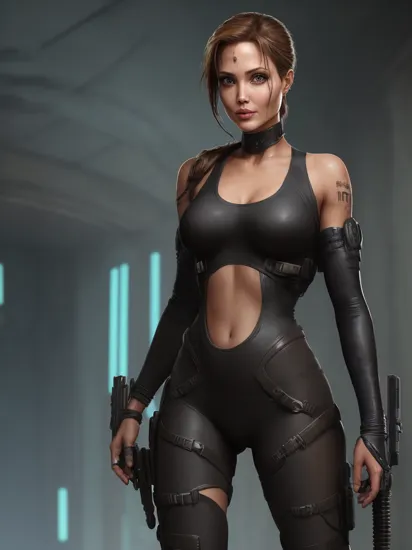 ((SFW)) Cyberpunk Bio-Tech Angelina Jolie as Lara Croft, Tomb Raider, Bio-Holographic Clothes, cheeky smile,  Cybernetics,, Neural Network, Cyberpunk Tomb Setting