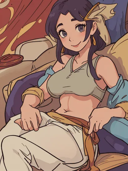 a beautiful 20yo Jasmine from Aladdin, laid back in a couch, sitting down, ((crotch)), smiling, atmosphere, muted colors, cinematic, grain, sharp focus, best quality, masterpiece, gigantic breasts