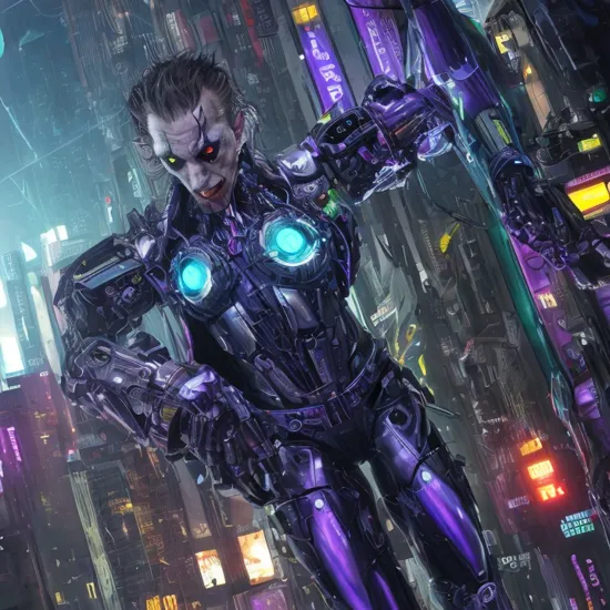 cybernetic Full body portrait of the joker with a bomb inside his jacket, Blade runner, gigantic holographic woman, neonpunk, Robotic arms, robotic legs,  Futuristic Gotham City in the background, biomechanical, Cyberpunk, highly detailed eyes, hyper-detailed, high quality visuals, dim Lighting, ultra-realistic, sharply focused  , futuristic, metallic, glowing neon, high-tech, intricate