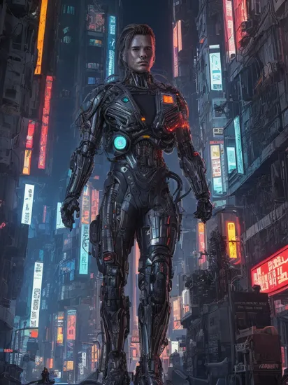breathtaking Cyberdyne Systems Model 101 Terminator, (reimagined in a cyberpunk universe), (cyberpunk style), (cyberpunk), (augmentation), cybernetics, glowing neon lights, cinematic scene, hero view, action pose, beautiful 8k, detailed background, masterpiece, best quality, high quality, absurdres, vivid.. award-winning, professional, highly detailed