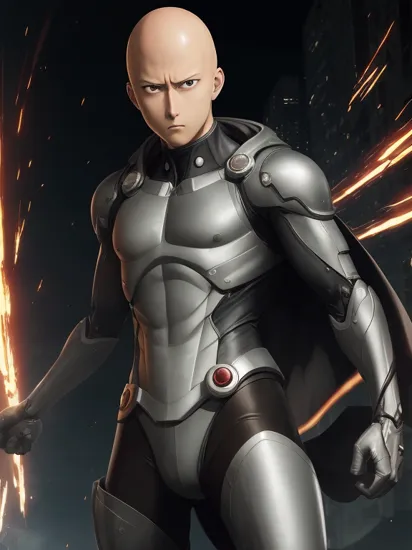 ncrender of saitama from one punch man as a cyborg hero of justice who can defeat any enemy in a single punch,simple background,black background