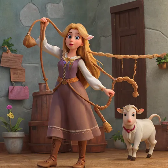 professional 3d model Cinematic photo of Rapunzel holding a lasso made with her own hair in a western cowshed with cows around. 35mm photograph, film, professional, 4k, highly detailed. . octane render, highly detailed, volumetric, dramatic lighting