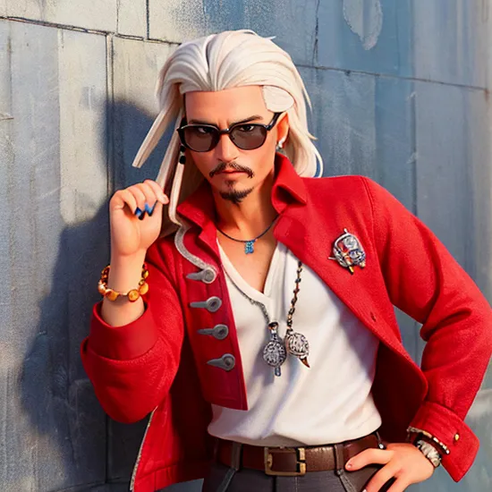 Johnny Depp, Intense gangster @JohnnyDepp, ((white hair and red shirt)), cool sunglasses, leaning against a darkened wall, a casual yet menacing posture, a timepiece around the wrist signifying power and control, a modern-day yakuza in a stylized representation, exuding confidence and danger.