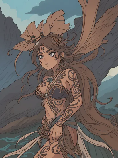 Luis Royo style illustration of the beautiful Pocahontas,DV_Yolanda_Vicious with her tribal outfit, (((Polynesian tattoos))), ((face tattoos)), similar to yolanda_viscious., [moody lighting], [dark undertones], (detailed:1.05), (extremely detailed:1.06), sharp focus, (intricate:1.03), (extremely intricate:1.04), (epic scenery:1.09), (beautiful scenery:1.08), (detailed scenery:1.08), (intricate scenery:1.07), (wonderful scenery:1.05), (beautiful face:1.1), [perfect eyes:0.8], [perfect skin:0.8], [detailed face:0.8], [detailed eyes:0.8], [detailed hair:0.9], [detailed lips:0.8],