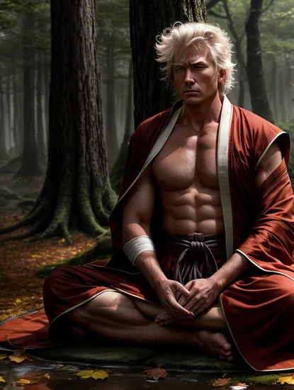 Meditative shinobi Donald Trump, ((white wild hair)), deep in thought, seated in a tranquil forest, ((red monk robes)), surrounded by falling leaves, bandaged hands resting on knees, the calm before the storm of an impending battle, a serene yet formidable presence.