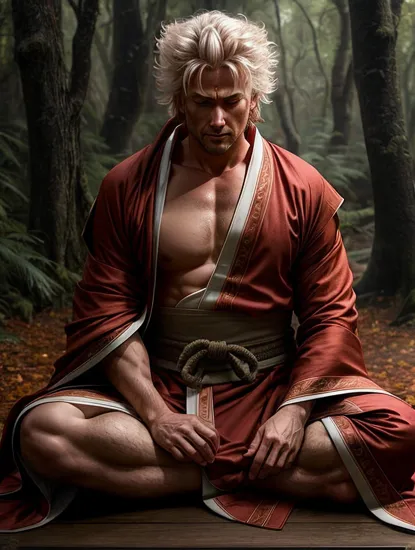 Meditative shinobi Donald Trump, ((white wild hair)), deep in thought, seated in a tranquil forest, ((red monk robes)), surrounded by falling leaves, bandaged hands resting on knees, the calm before the storm of an impending battle, a serene yet formidable presence.