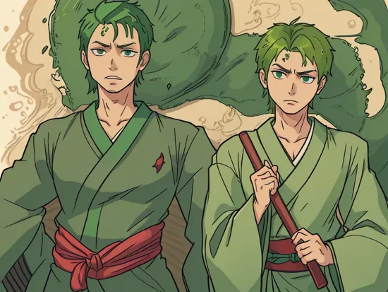 , ((semi realistic)), roronoa zoro, japanese clothes, ((((green kimono)))), red wrap, ,