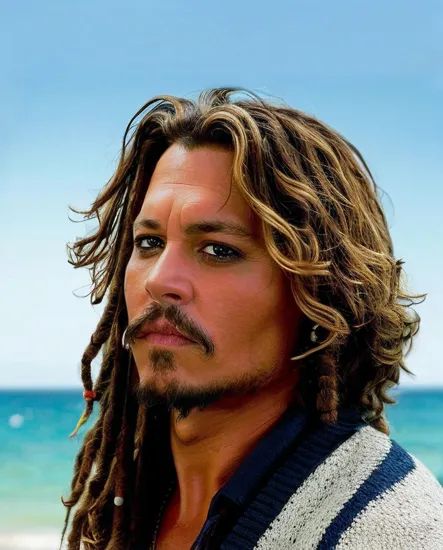 Johnny Depp, Dreaming man @JohnnyDepp, curly blond hair, striped sweater, profile view, vast blue sky backdrop, the horizon line barely visible, soft sunlight illuminates his features, thoughtful expression, the image captures a sense of freedom and introspection.