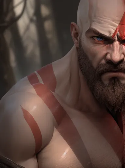 cinematic close up photo of Kratos god of war, 1man, looking at viewer, very angry, rim light, realistic, real photo, real nature skin, realistic photo, anime style