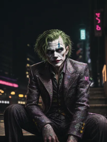 The Joker,,  , Cyberpunk Style,  (neon:1.2),  closeup,   masterpiece, intricate,  highly detailed, majestic, digital photography, hdr, stylish man sitting on stairs , (night time:1.2) ,   (neon  street:1.2),  bold eclectic styles, punk elements , holographic prints, metallic accents, full body, detailed cyberpunk background, full body, ,(photo, studio lighting, hard light, sony a7, 50 mm, matte skin, pores, colors, hyperdetailed, hyperrealistic),