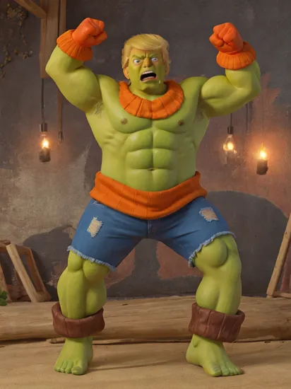 Donald Trump as an angry Hulk but orange in color